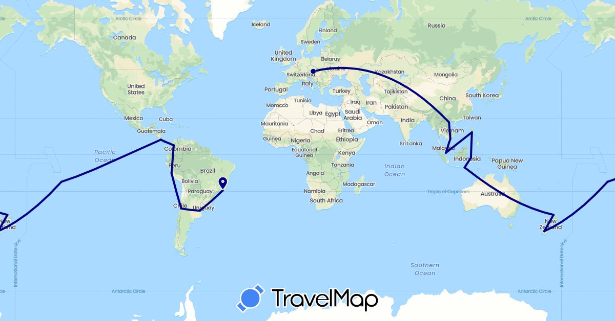 TravelMap itinerary: driving in Argentina, Austria, Brazil, Chile, Colombia, Costa Rica, France, Indonesia, New Zealand, Panama, Peru, Philippines, Singapore, Vietnam (Asia, Europe, North America, Oceania, South America)